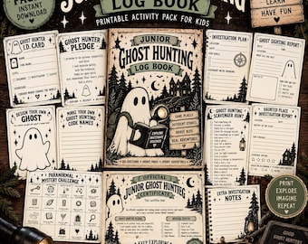 May include: A printable Junior Ghost Hunting Log Book activity pack featuring 25 pages of illustrated forms, including an I.D. card, pledge, investigation plans, sighting reports, a scavenger hunt, mystery challenge, and an official certificate.