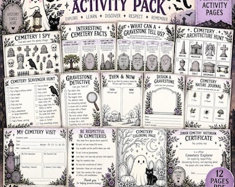 May include: A Cemetery Explorer activity pack featuring 12 printable pages with black and white illustrations of ghosts, gravestones, and cats. The pages include scavenger hunts, facts, colouring activities, and a certificate for cemetery exploration.