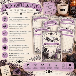 May include: A printable planner bundle titled The Practical Witch featuring 28 pages for home, kitchen, garden, and budget organisation. The pages have a purple and cream colour scheme with illustrations of a crow, candles, and crystals.