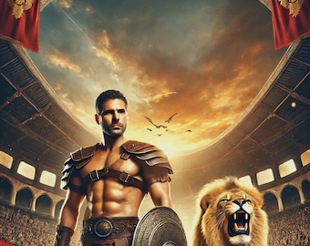 Retrato personalizado de gladiador romano: arte de arena antiguo personalizado con león: regalo épico de guerrero histórico para hombre