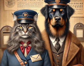 Retrato de mascota personalizado de la oficina de correos: gato y perro con uniforme de correo vintage / Ilustración digital divertida de cartero