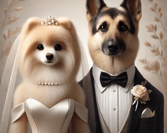 Retrato de perro personalizado para bodas: arte para mascotas para novios / Elegante regalo digital de boda para amantes de las mascotas