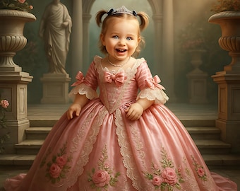 Retrato infantil personalizado a partir de una foto, arte de princesita, regalo personalizado para niña, decoración de pared para guardería, retrato de cuento de hadas para niña pequeña.