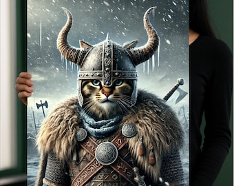 Retrato de gato vikingo personalizado: arte digital de mascota guerrera nórdica / decoración de pared de gato feroz