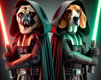 Retrato personalizado de perro Jedi y Sith: divertido arte de mascotas de Star Wars con sables de luz / Póster digital imprimible de pareja de perros