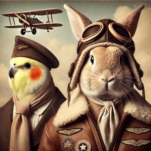 Custom Aviator Rabbit & Cockatiel Portrait – WWII Pilot Pet Art | Vintage Flying Animal Digital Print