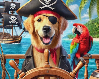Retrato de mascota personalizado como pirata/capitán de mar, lobo de mar personalizado, arte mural a partir de una foto, regalo para amantes de las mascotas.