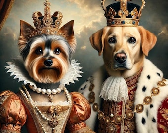 Retrato personalizado de pareja de perros de la realeza: arte imprimible para mascotas con disfraces de reina y rey / Descarga digital de un perro noble y divertido
