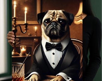Retrato personalizado de un carlino con esmoquin y whisky: elegante arte digital para mascotas, imprimible sofisticado de perro, decoración estilo lounge para caballeros.
