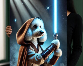 Retrato de perro Jedi personalizado: arte digital de mascota estilo guerrero de ciencia ficción a partir de una foto. Ilustración de perro de fantasía espacial. Descarga de mascota personalizada.