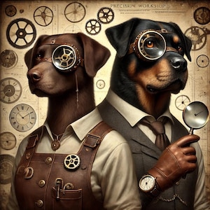 Könnte beinhalten: Zwei Hunde in Steampunk-Kleidung. Einer trägt eine braune Lederschürze und eine Brille, der andere einen Anzug und eine Brille, hält eine Lupe. Der Hintergrund zeigt Zahnräder, Uhren und den Text "PRECISION WORKSHOP."