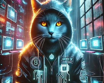 Retrato de mascota ciberpunk personalizado, arte futurista de gato a partir de una foto, retrato de perro neón, regalo de ciencia ficción para gamers, arte animal hacker