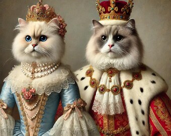 Retrato personalizado de pareja de gatos aristocráticos: elegante arte digital para mascotas con atuendos reales / Decoración de pared imprimible de reyes y reinas gatunas