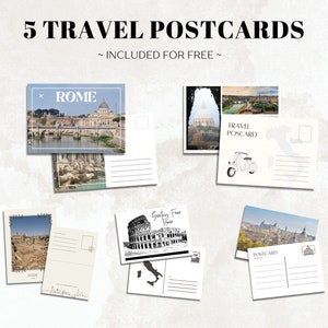 Illustration of beautifully designed Rome-themed travel postcards included as a bonus with the itinerary.