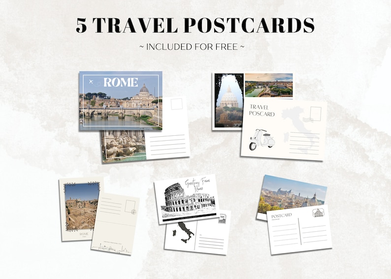 Illustration of beautifully designed Rome-themed travel postcards included as a bonus with the itinerary.