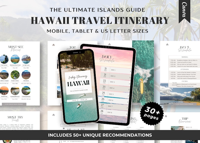 Op de afbeelding: Een digitale reisgids voor Hawa&iuml;, weergegeven op een smartphone en tablet. De gids bevat een dagschema, must-see plaatsen en must-try gerechten. De tekst luidt "Hawaii Travel Itinerary" en "Includes 50+ unique recommendations."