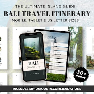 May include: A digital guide for planning a trip to Bali, featuring a green and black cover with the text "Bali Travel Itinerary" and "Includes 50+ Unique Recommendations". The guide includes a daily itinerary, must-see places, and must-try foods.