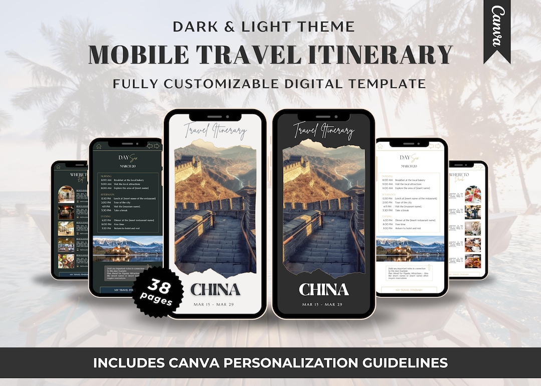 Mobile Travel Itinerary Template: Editable Canva Trip Planner (digital ...