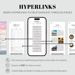 Op de afbeelding: Digitale planner met hyperlinks voor eenvoudige navigatie. De afbeelding toont een smartphone met een inhoudsopgave en gekoppelde pagina's voor dagschema's, budgetplanning en topattracties. De tekst luidt "HYPERLINKS" en "HYPERLINKS TOEGEVOEGD OM TE HELPEN NAVIGEREN DOOR PAGINA'S".