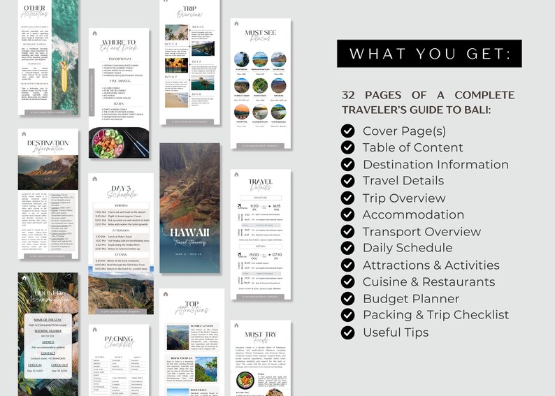 Op de afbeelding: Een complete reisgids voor Bali, met 32 pagina's aan informatie. Bevat omslagpagina's, bestemmingsdetails, reisdetails, reisoverzicht, accommodatie en meer. De gids bevat ook de tekst "What You Get:" en een lijst met opgenomen onderwerpen.