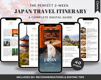 Itinerario de viaje por Japón: Guía móvil de 2 semanas: Tokio, Kioto y Osaka (plantilla de Canva)