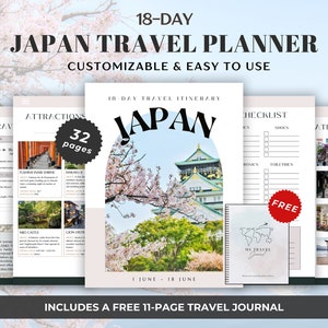 Modelo de itinerário de viagem do Japão Canva Planejador de viagens Cronograma Viagem a Kyoto Guia turístico Marketing de viagens Férias Férias ao Monte Fuji Organizador de viagens