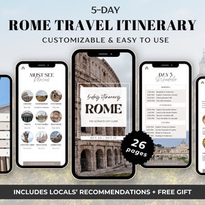 Modelo de itinerário de viagem para Roma Canva Planejador de viagens editável Itália Itinerário de viagem para celular Planejador de férias em Roma Guia de viagem para telefone Roma Imprimir