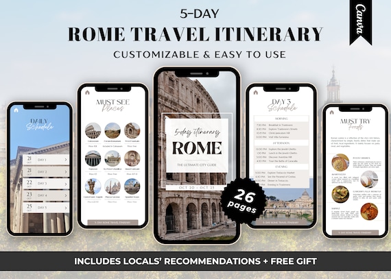 Rome Travel Itinerary: 5-Day Customizable Canva Template (Digital Download)