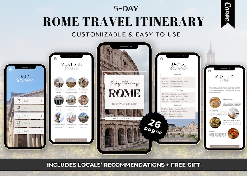 Stylish cover showcasing a comprehensive 5-day Rome travel planner, designed for easy navigation and an unforgettable Roman adventure.