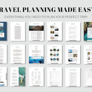 Op de afbeelding: Een verzameling reisplanningsdocumenten met de tekst "TRAVEL PLANNING MADE EASY!" en "EVERYTHING YOU NEED TO PLAN YOUR PERFECT TRIP!". De documenten bevatten afbeeldingen en tekst, met de focus op reisbestemmingen en planningsgidsen.