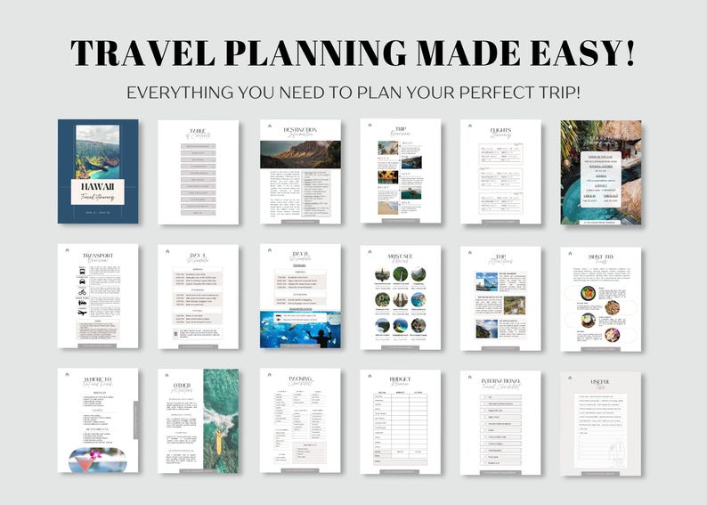 Op de afbeelding: Een verzameling reisplanningsdocumenten met de tekst "TRAVEL PLANNING MADE EASY!" en "EVERYTHING YOU NEED TO PLAN YOUR PERFECT TRIP!". De documenten bevatten afbeeldingen en tekst, met de focus op reisbestemmingen en planningsgidsen.