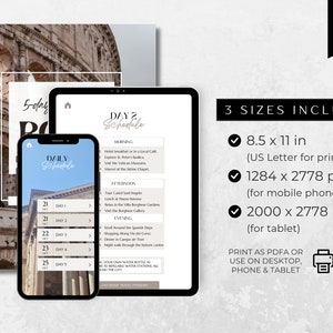 Visual representation of the travel itinerary available in mobile, tablet, and US letter formats.