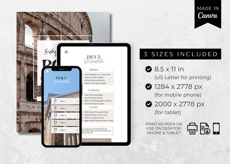 Visual representation of the travel itinerary available in mobile, tablet, and US letter formats.