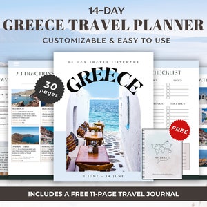 Grecia Modello di itinerario di viaggio Pianificatore di viaggio modificabile per dispositivi mobili per le isole greche Guida alle vacanze Mykonos Santorini Milos Organizzatore digitale