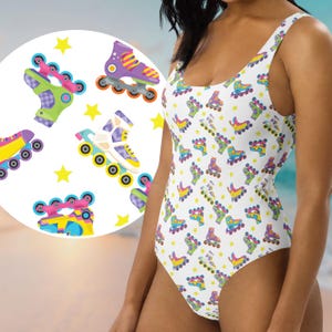 Rainbow Roller Skate Swimsuit: 90s Retro One-Piece, Cheeky Fit