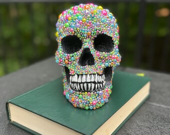 Glam Skull Halloween Decor, One-of-a-Kind Hand-Embellished Bedazzled Skeleton Haunted Halloween Decoration