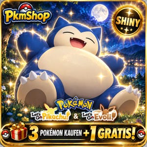 Könnte beinhalten: Eine digitale Illustration eines blauen und cremefarbenen Snorlax-Charakters mit weißen Krallen vor einem Nachthimmel mit Vollmond. Das Bild enthält den Text PkmShop, Shiny, Pokémon Let's Go Pikachu & Let's Go Evoli und 3 POKÉMON KAUFEN + 1 GRATIS!