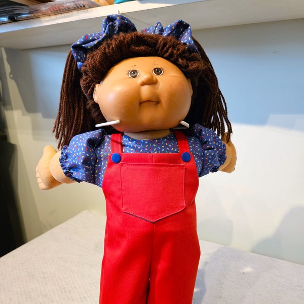 16inch-18inch Cabbage Patch doll clothes, Red Overalls, Shirt and Hair Scrunchies