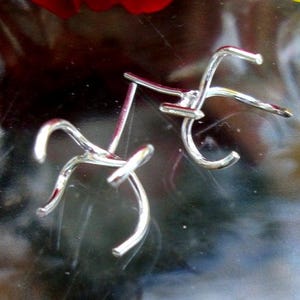 May include: A pair of silver-colored bicycle earrings. The earrings are shaped like miniature bicycles with curved handlebars, a seat, and wheels. The earrings are displayed on a reflective surface with red and yellow flowers in the background.
