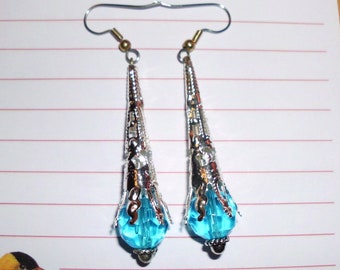 Swiss Blue glass earrings, drops 2 inches, 12mm bead,  Silver plated cones - choice of hooks Surgical steel or Solid silver