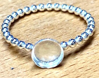 Beaded band ring & bezel cup -solid 925 sterling silver- DIY resin ash memorial preservation cab breast milk flower- 2mm bubble bead USA*