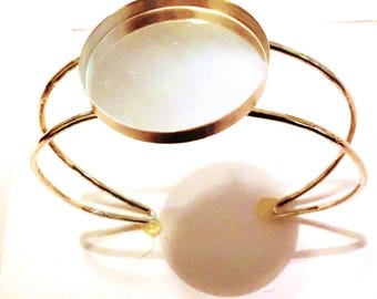 Cuff bracelet blank -bezel cup- YGF 14k Gold Filled *14ga hammered to about 2mm Split band  Round or Oval  DIY Milk Ash Resin Cabochon