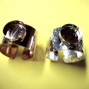 Wide ring blanks with 10mm bezel cup; 1/2 inch band; 925 sterling silver or Gold filled sgf Adjustable or custom sized solid; hiw - USA *