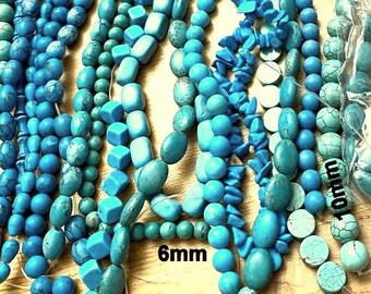 May include: Assortment of turquoise gemstone beads in various shapes and sizes, including round, oval, and square. The beads are strung on clear elastic cord and are available in two sizes: 6mm and 10mm.