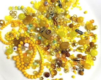 I'm not over YELLOW yet! - Bead Soup -Assortment- 120 Gr/4 Oz - Get what you see Plus a few -Natural gemstone & Czech glass 4mm up -DIY *
