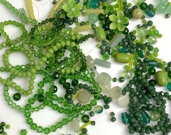 Spring Green Beads Assortment -   100 Gr/3.5 Oz - Get what you see Plus a few - Natural gemstone & glass 4mm to 12mm shapes and sizes -DIY