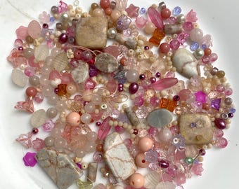 Springy Pink Beads -Assortment- 200 Gr/7 Oz - Get what you see Plus a few -Natural gemstone & glass 4mm up- shapes and sizes -DIY -Large lot