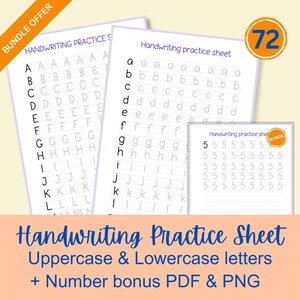 May include: Handwriting practice sheets with uppercase and lowercase letters, plus a number bonus. The sheets are white with light gray letter guides. A bundle offer is displayed in the upper left corner, and a bonus is shown in the upper right.