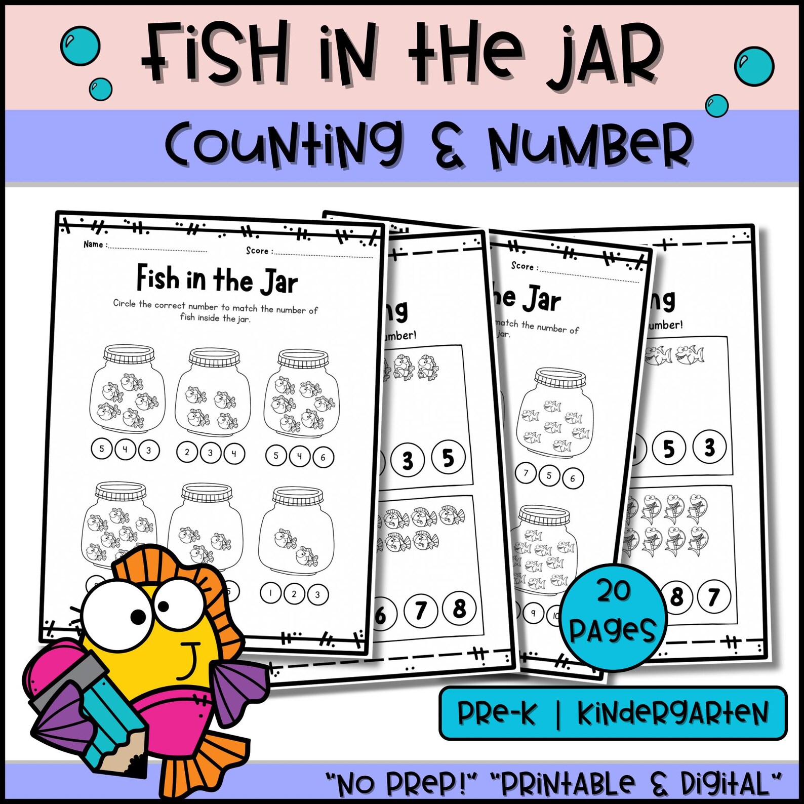 Fish Counting Worksheets: Preschool Kindergarten Math, Ocean Theme (PDF ...