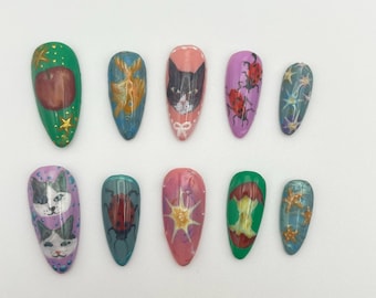 Almond nail set | colorful press-ons | hand-painted nails